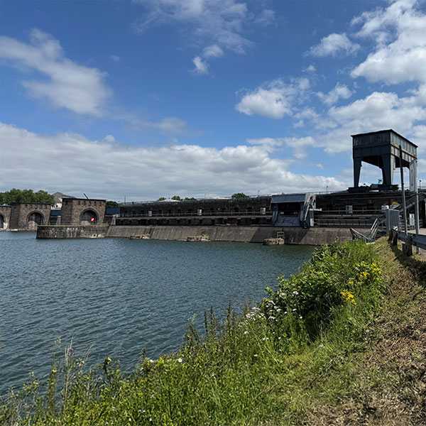 Vordergrund zeigt eine grasbewachsene Uferböschung mit gelben Wildblumen, davor ein ruhiger Stausee und eine lange Betonstaumauer mit dunklem Stahlgerüst und blauem Himmel.