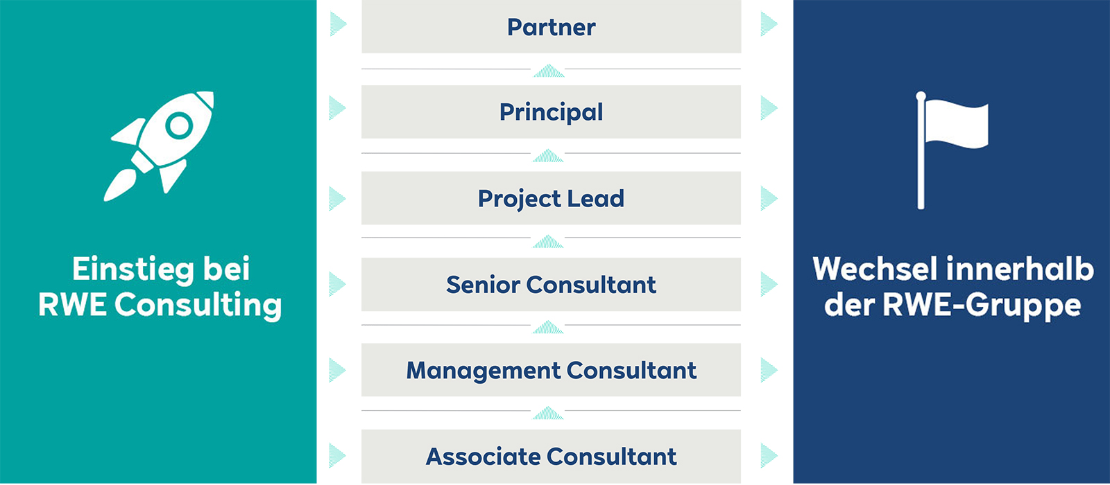 Ein Flussdiagramm, das die Jobrollen bei RWE Consulting zeigt, einschließlich Principal, Projektleiter, Senior Management Consultant und Management Consultant.