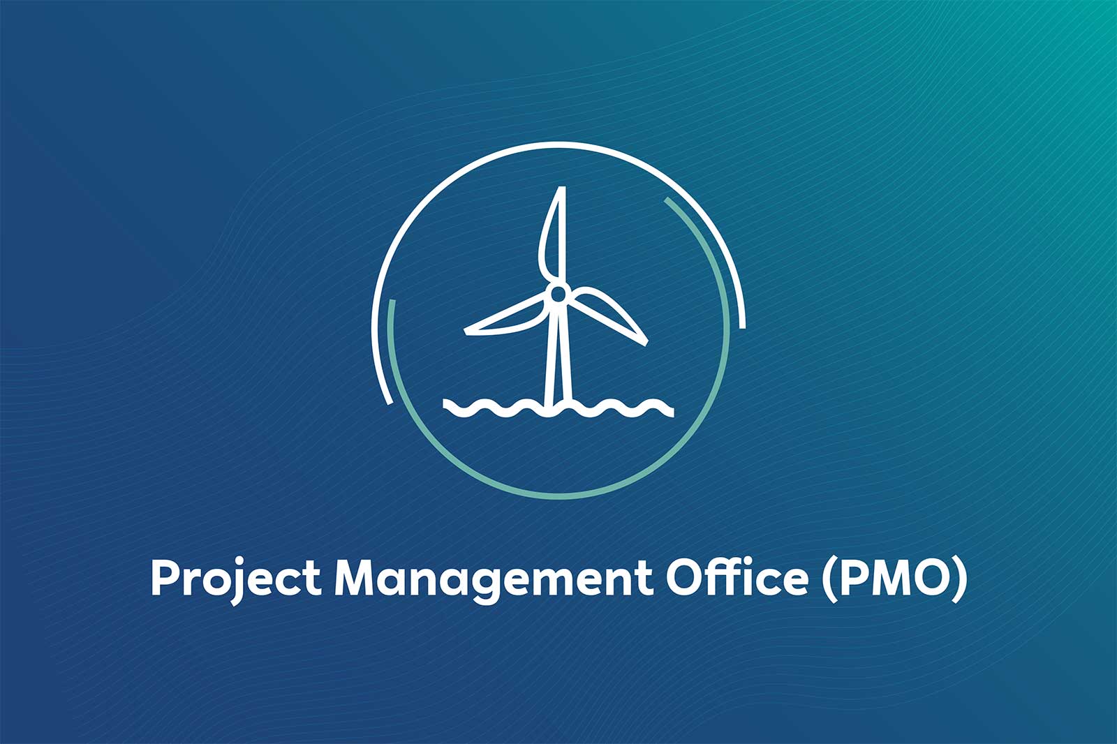 A simple graphic design of a wind turbine in the water, titled 'Project Management Office (PMO)'.