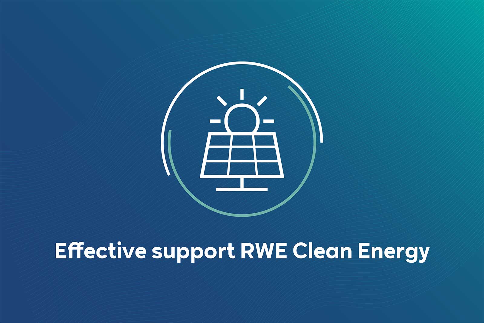 A stylised solar panel with a sun above it on a blue background. Effective support RWE Clean Energy.