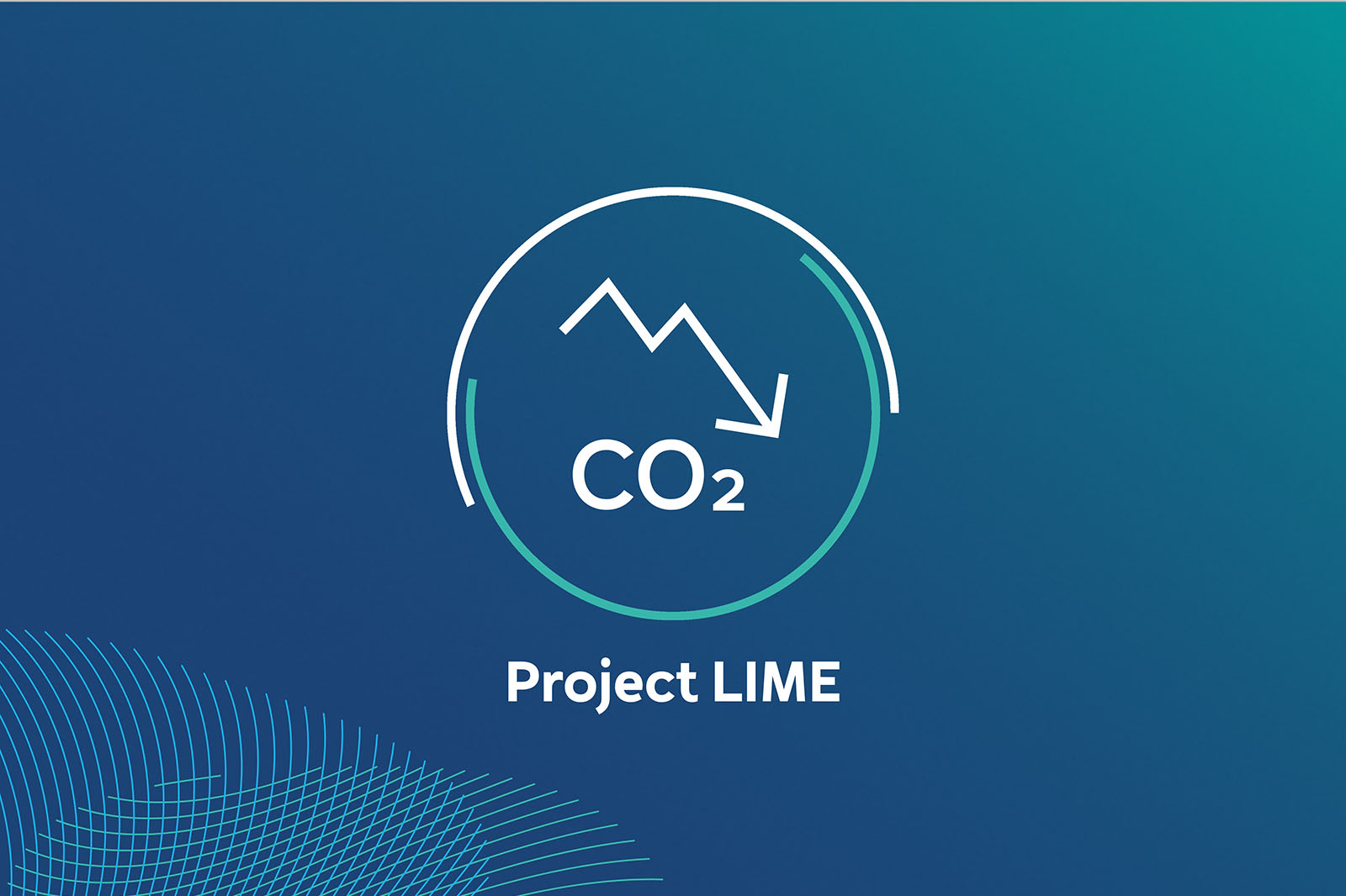 White circular logo on a teal-to-blue gradient background with stylized mountains, a downward arrow, "CO2" inside the circle and "Project LIME" below.