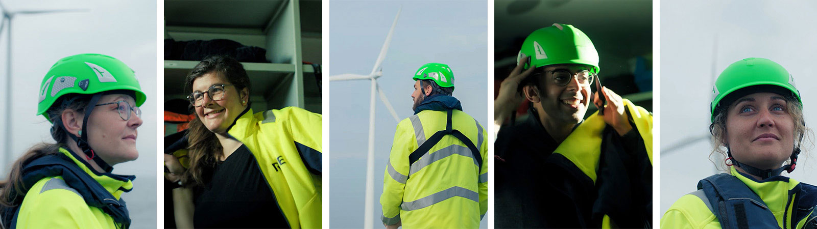 Our Journey Offshore | Ambassadors | RWE Five images of individuals in green helmets and yellow safety clothing, depicted in various settings.