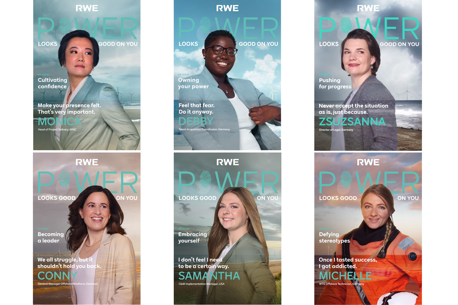 Sechs Frauen auf Magazincovern; verschiedene Themen wie Selbstvertrauen und stereotype Herausforderungen.