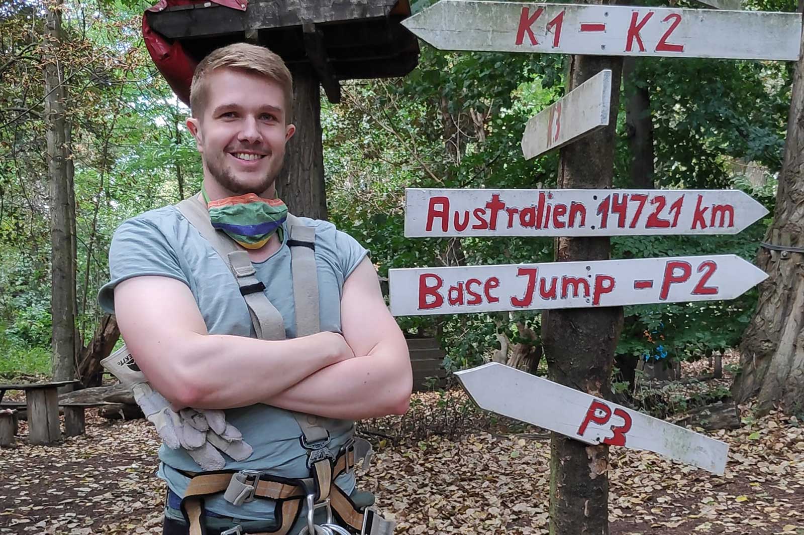 Ein Mann steht mit überkreuzten Armen vor einem Wegweiser im Wald, der zu verschiedenen Abenteuern führt.