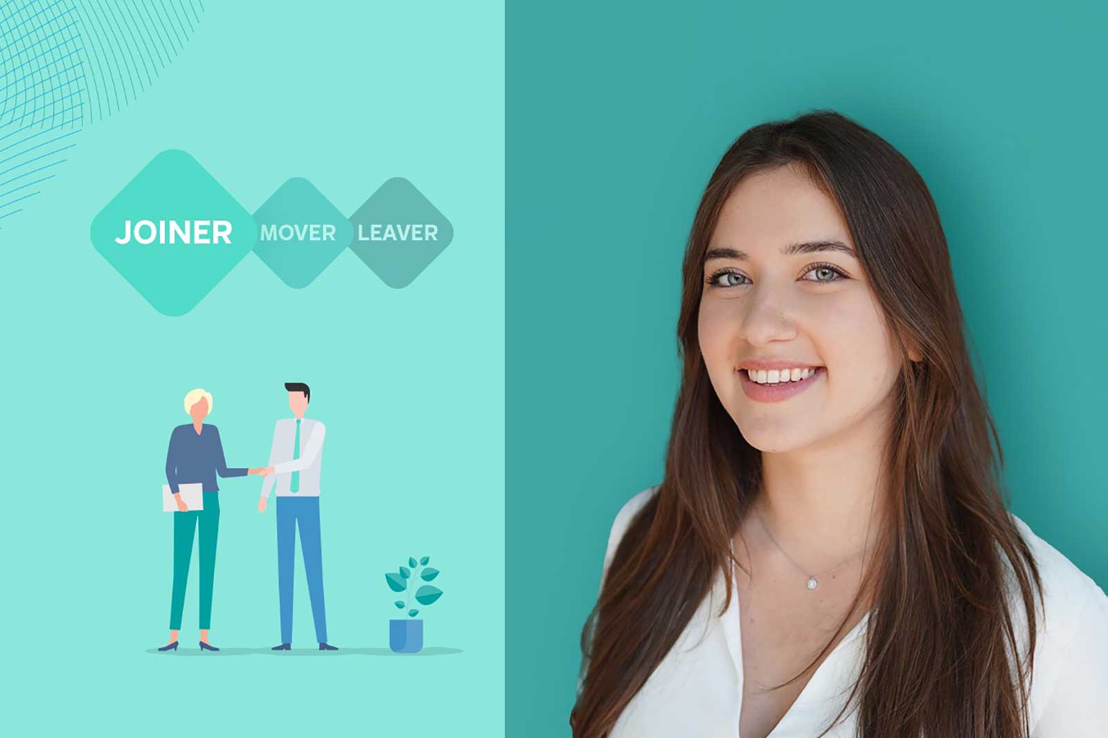 Graphic featuring the terms 'Joiner', 'Mover', and 'Leaver'. Two figures are shaking hands, with another person visible.