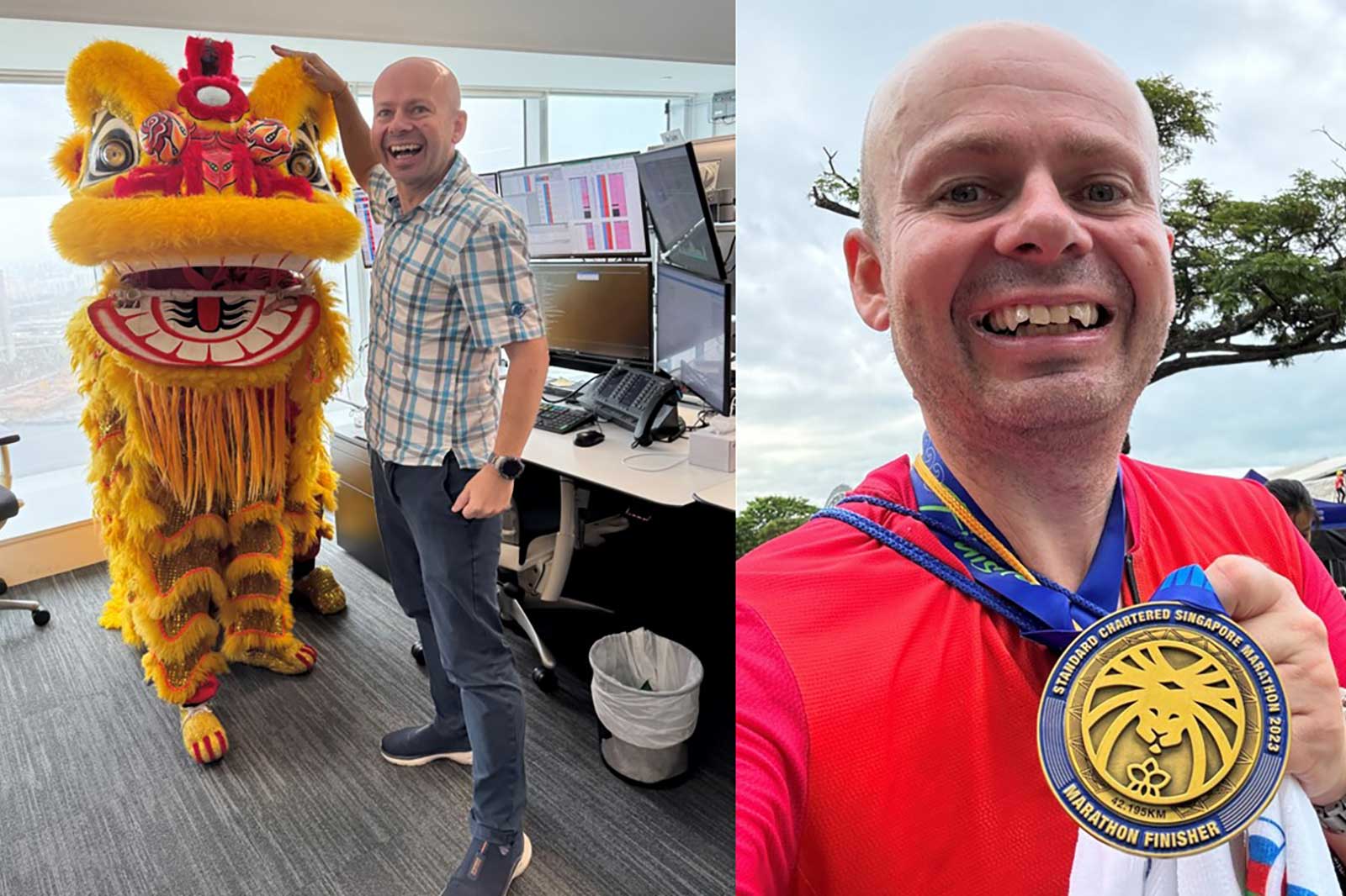 A man stands next to a vibrant lion dance costume in an office setting, showcasing modern desks and screens.