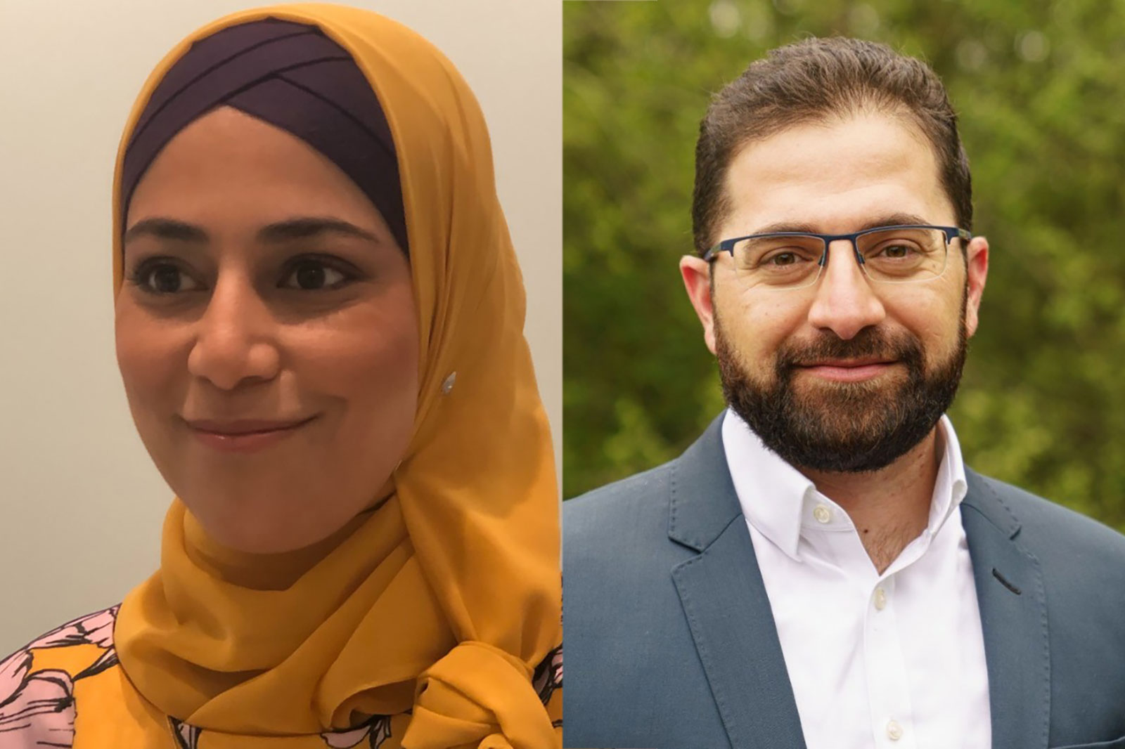 Links eine Frau in einem gelben Kopftuch, rechts ein Mann in einem blauen Anzug. Hintergrund ist unscharf.