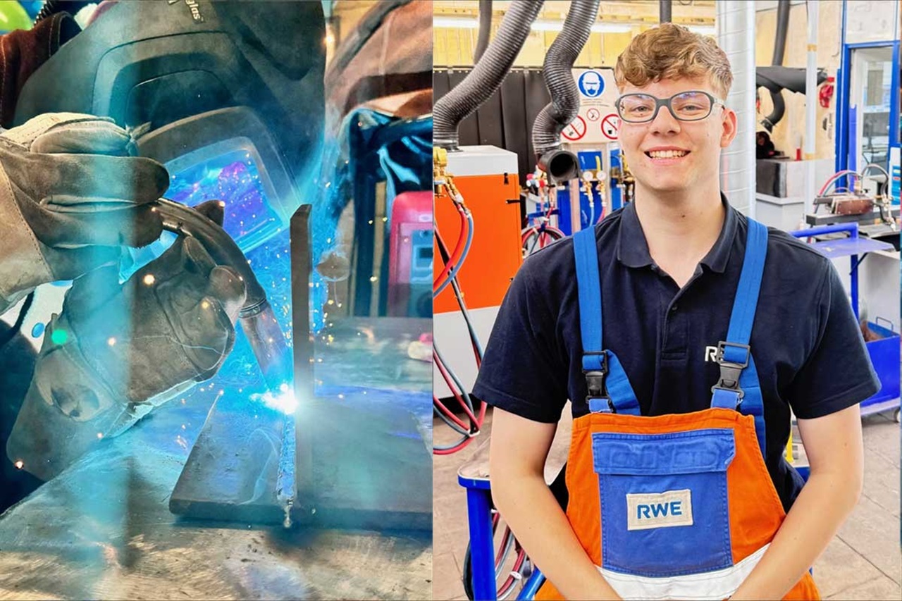 Ein Schweißer arbeitet an einem Metallstück, umgeben von funkensprühenden Lichtern und Maschinen im Hintergrund.