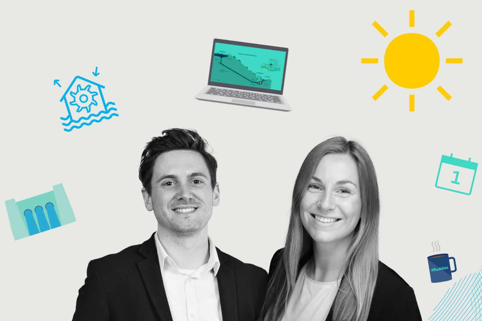 Two people stand against a light background. Icons depict the sun, a laptop, and a holiday calendar.