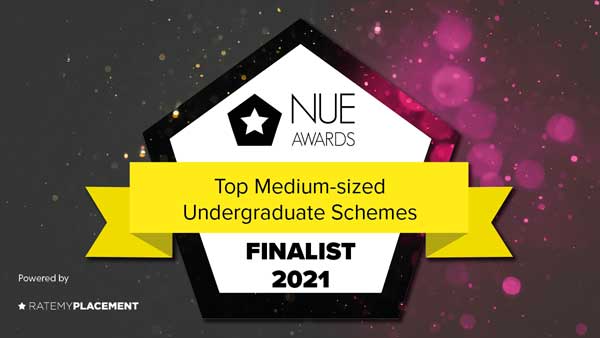 A NUE Awards logo highlighting the finalist for Top Medium-sized Undergraduate Schemes in 2021.