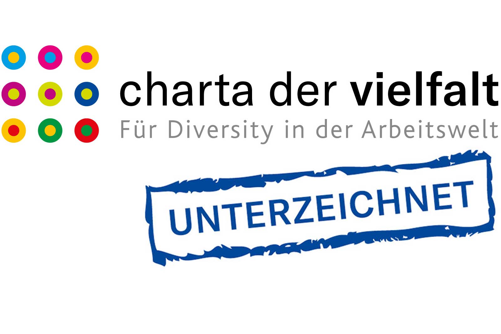 Logo der Charta der Vielfalt, das Vielfalt in der Arbeitswelt fördert, mit dem Text 'UNTERZEICHNET' in blauer Schrift.