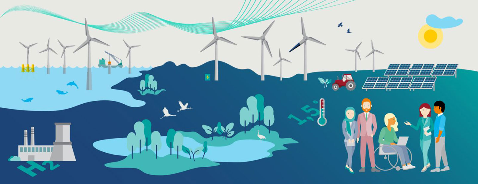 A vibrant illustration featuring wind turbines, solar panels, a factory, and diverse people engaging in a green energy discussion.